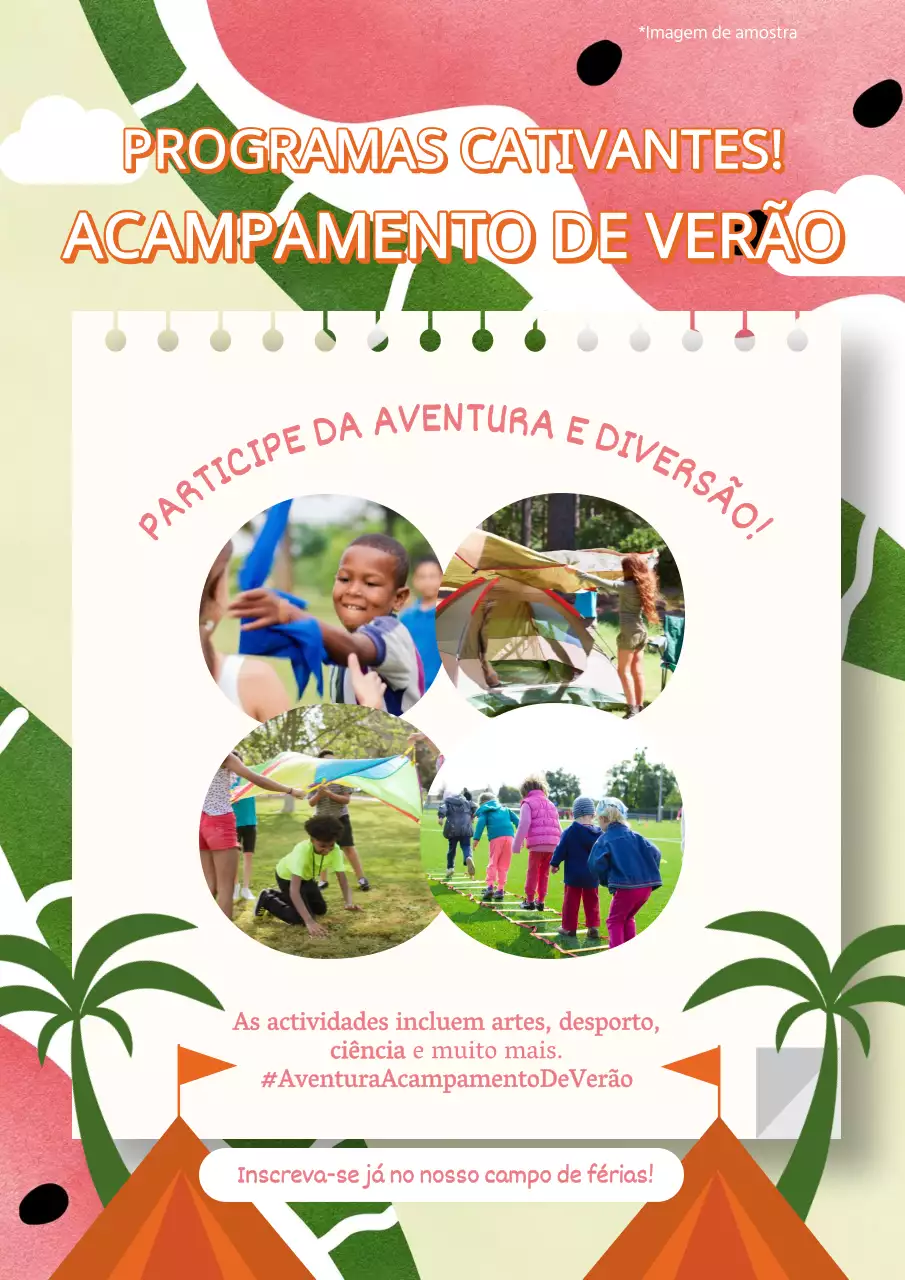 Anúncio de colónia de férias tropical cor-de-rosa e verde