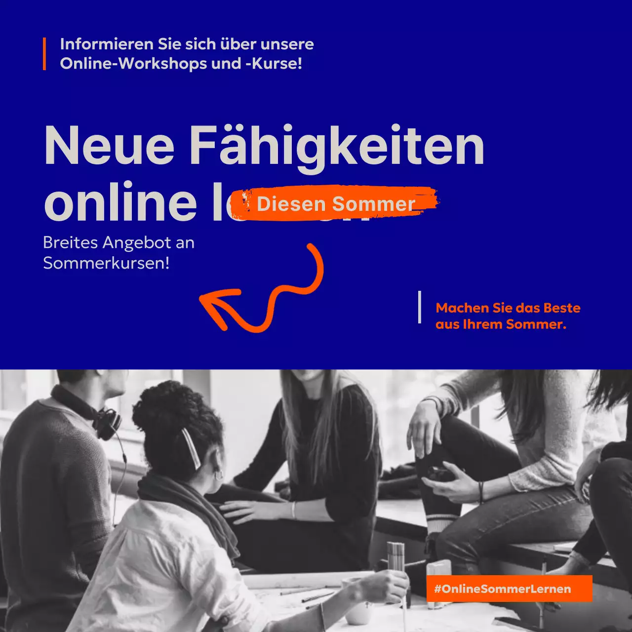 Trendige Online-Workshop-Aktion in Blau und Orange