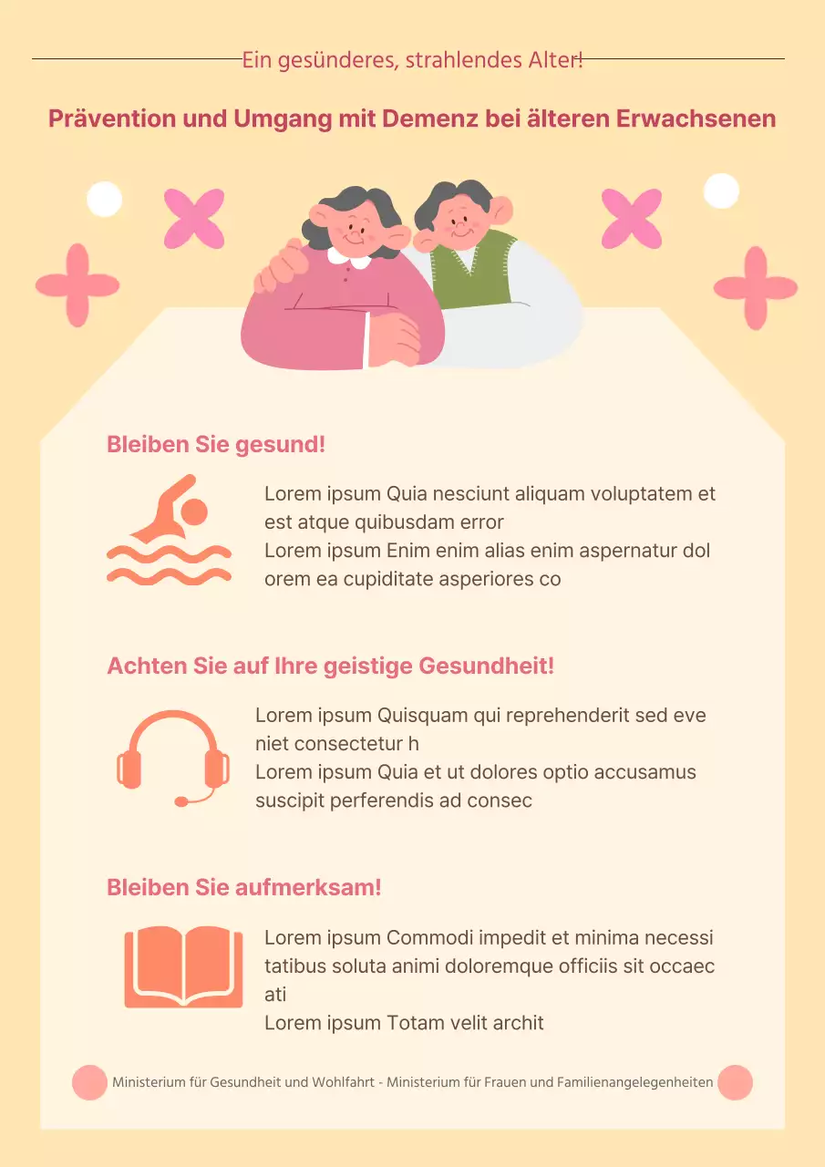 Gelbe und orangefarbene Schulungsmaterialien für die Demenzpflege älterer Erwachsener