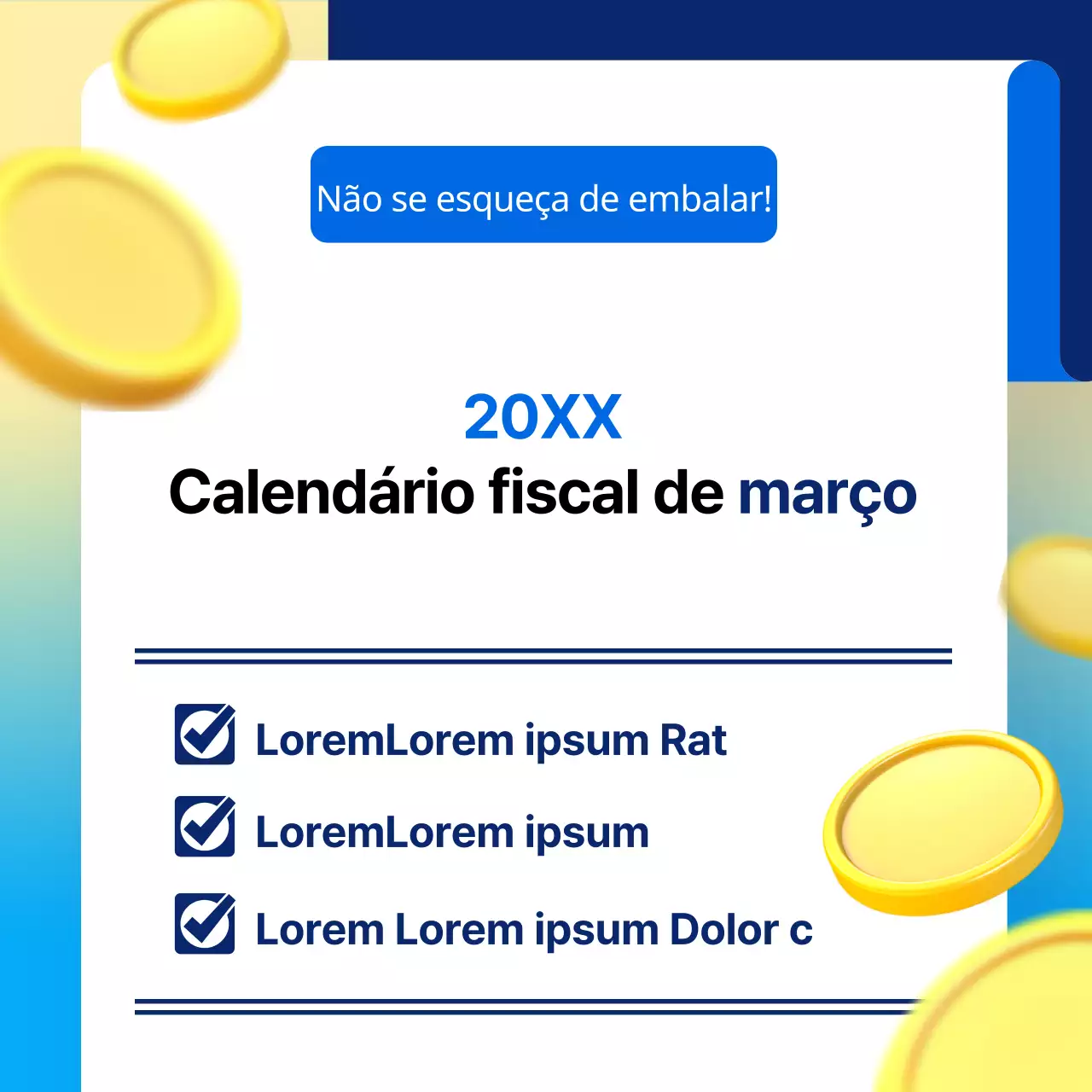 Informações sobre o calendário fiscal simples em azul e amarelo