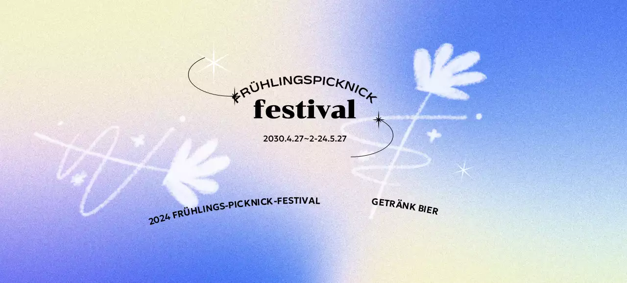 Ein farbenfrohes Konzeptfestival mit einem bunten Farbverlaufshintergrund und handgemalten Blumen und Glitzer