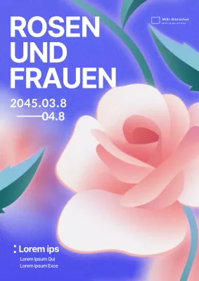 Illustrationen von rosa und blauen Rosen und Werbung für die Buchmesse zum Frauentag