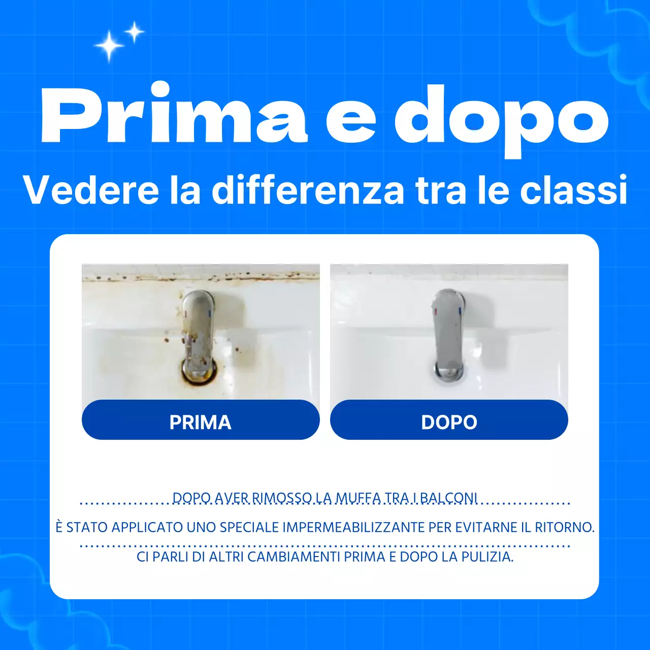 Simpatica pubblicità di un'agenzia di pulizie con sfondo azzurro