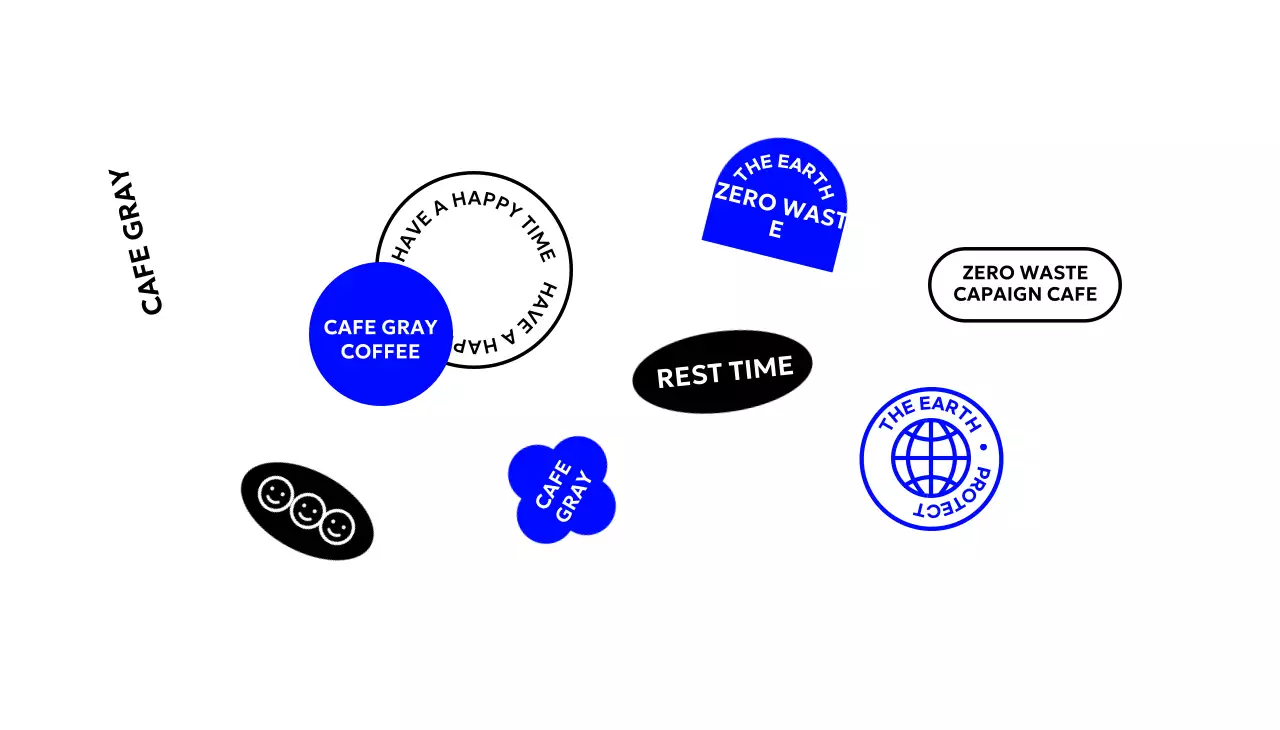 Kafe sederhana dengan bentuk dan teks berwarna biru-hitam