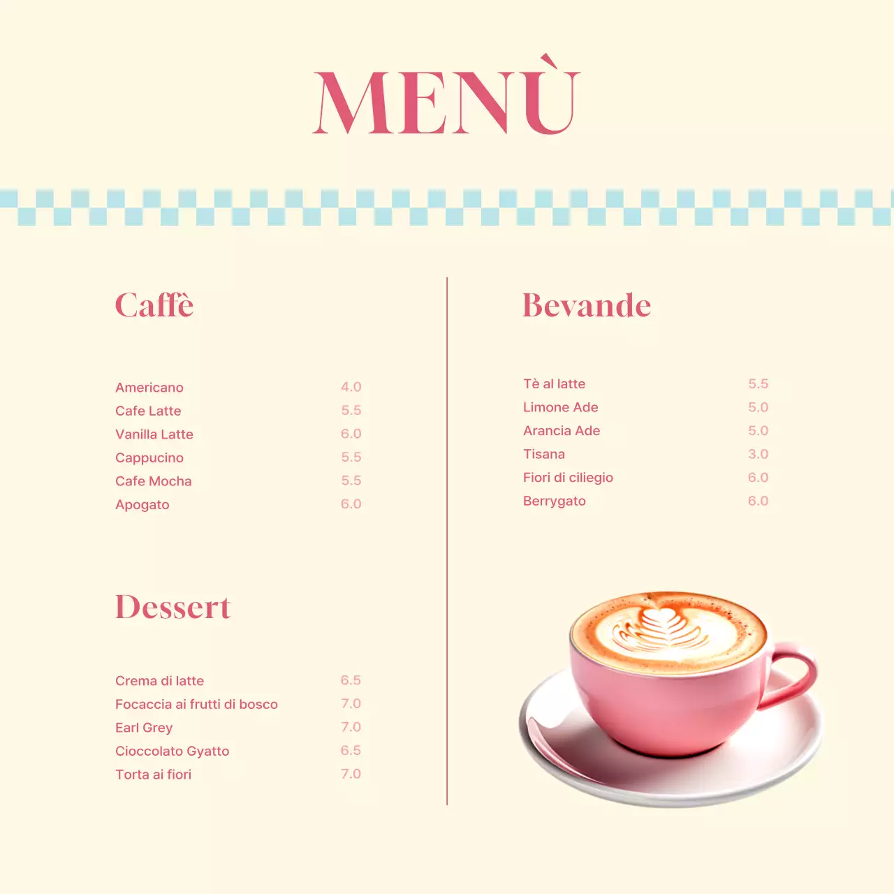 Promuovete un semplice menu di primavera di un caffè in rosa