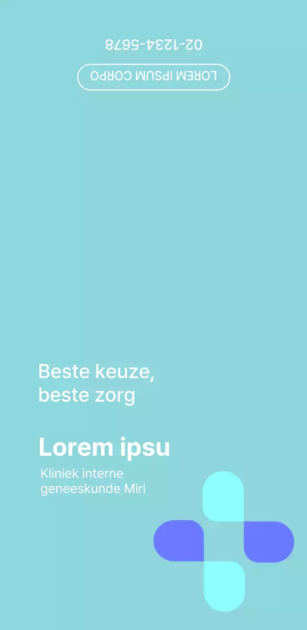 Een eenvoudig uitziend ziekenhuis met een lichtblauw en blauw logo