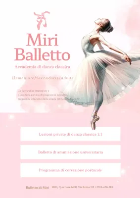 Un classico annuncio di reclutamento di una scuola di danza classica in rosa e bianco.