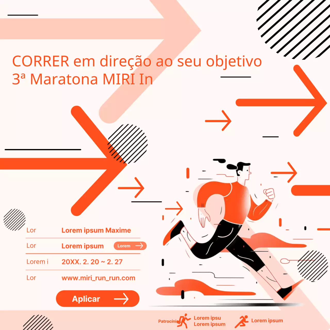 Promover uma maratona geométrica laranja e preta da empresa