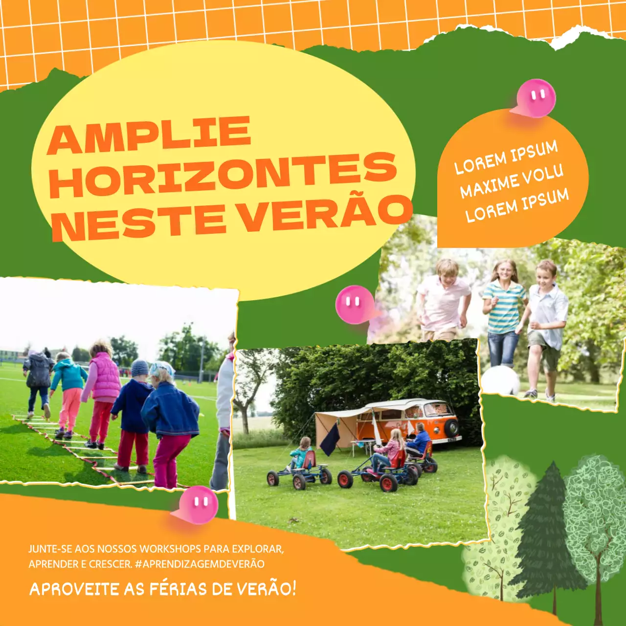 Publicidade do Workshop de verão Laranja e Verde Trendy Kids