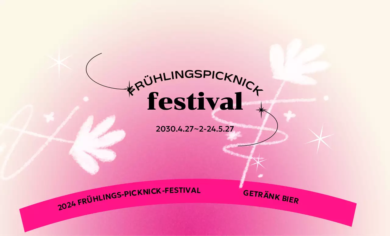 Ein farbenfrohes Konzeptfestival mit einem bunten Farbverlaufshintergrund und handgemalten Blumen und Glitzer