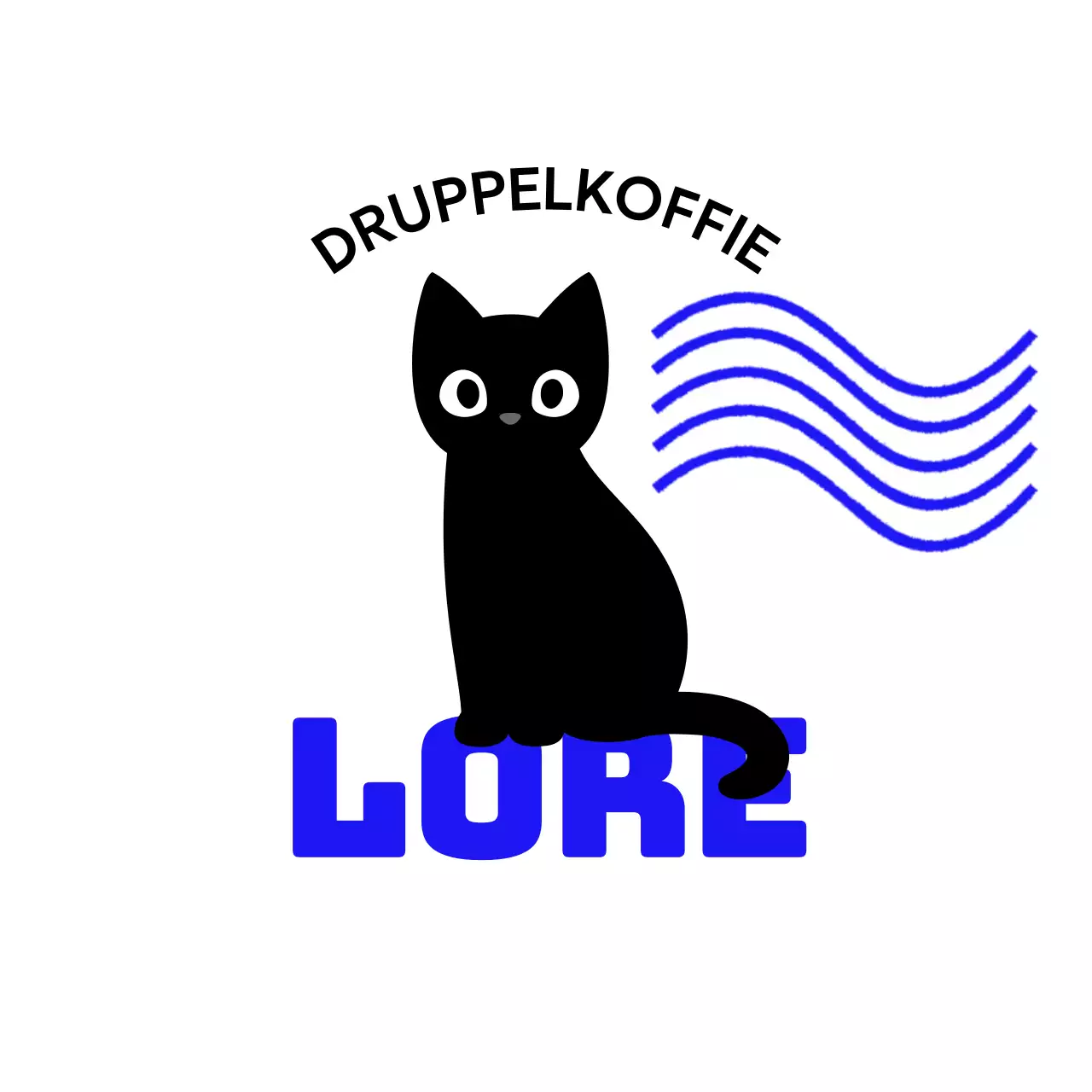 Cafe merchandise met schattige katten en blauwe tekst en golven