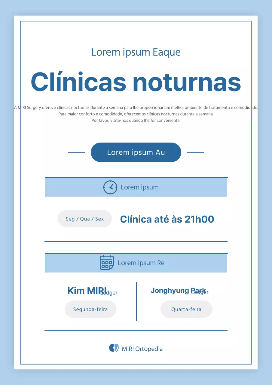 Informações simples, azuis e azuis claras, sobre o hospital fora de horas