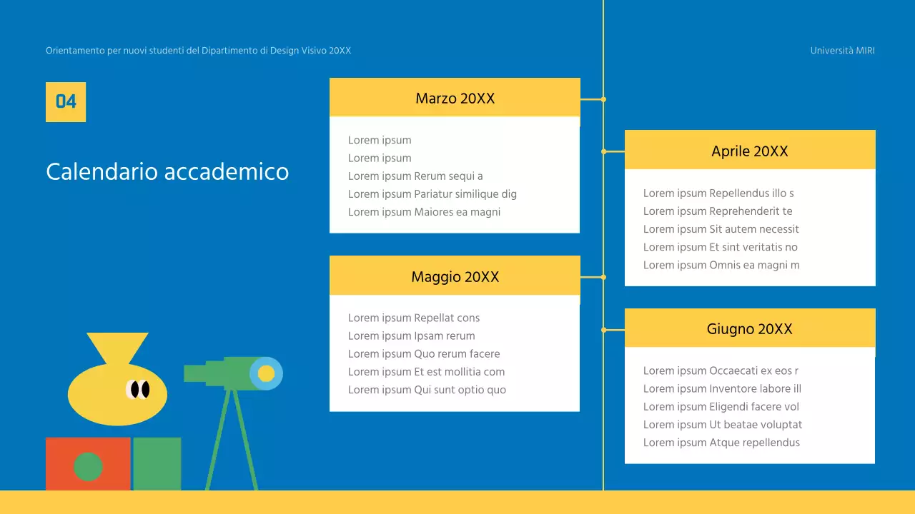 Materiale formativo giallo e blu per l'orientamento dei nuovi studenti dell'università