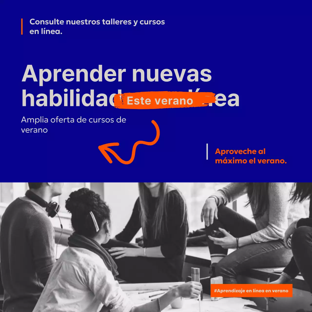 Promoción del taller en línea de moda en azul y naranja
