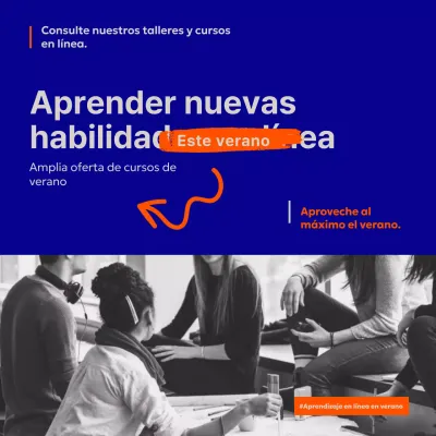 Promoción del taller en línea de moda en azul y naranja