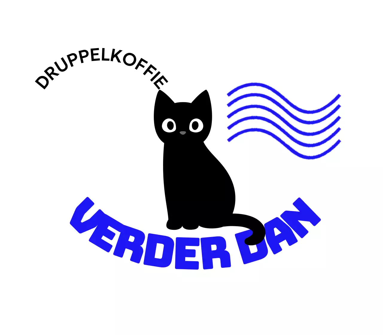 Cafe merchandise met schattige katten en blauwe tekst en golven
