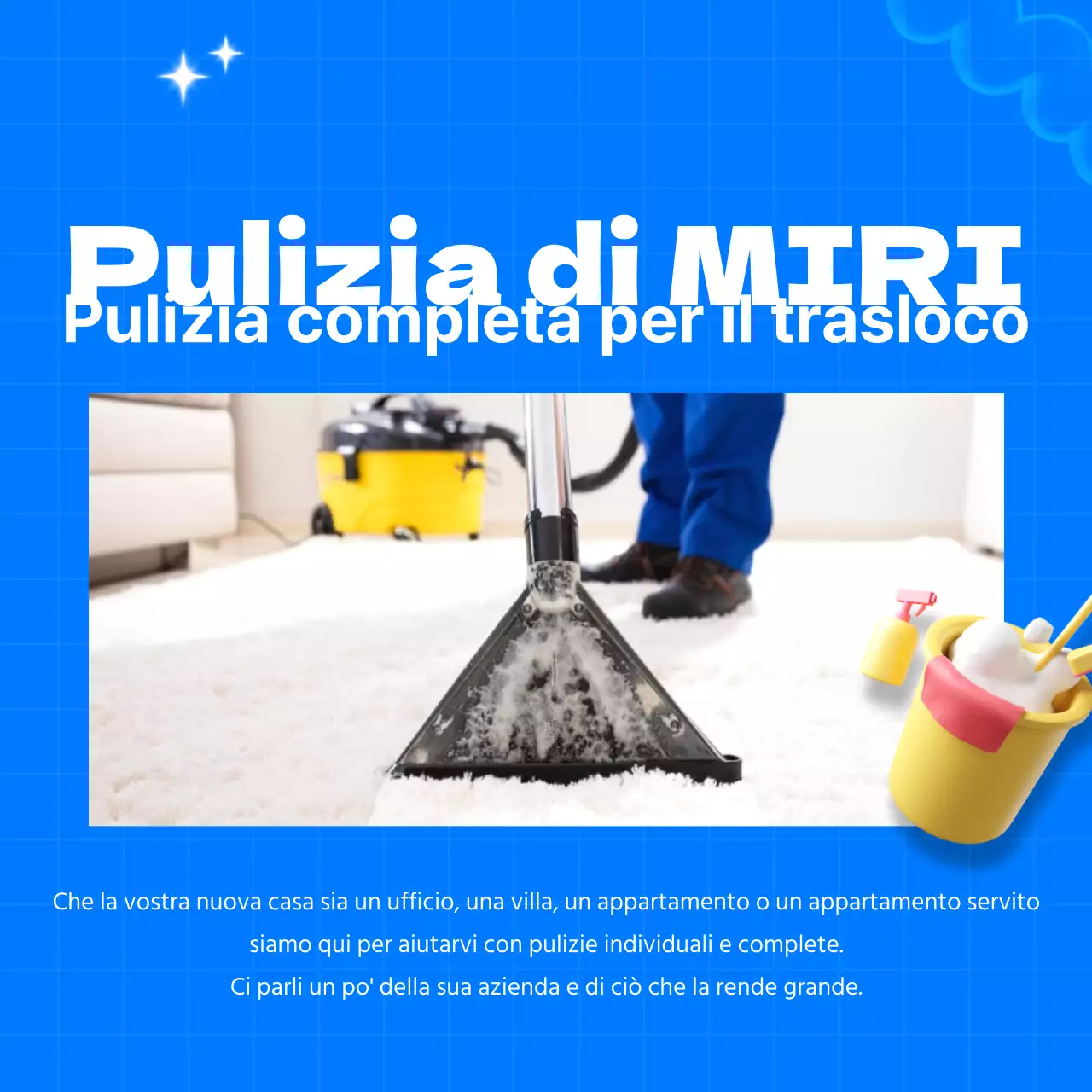 Simpatica pubblicità di un'agenzia di pulizie con sfondo azzurro