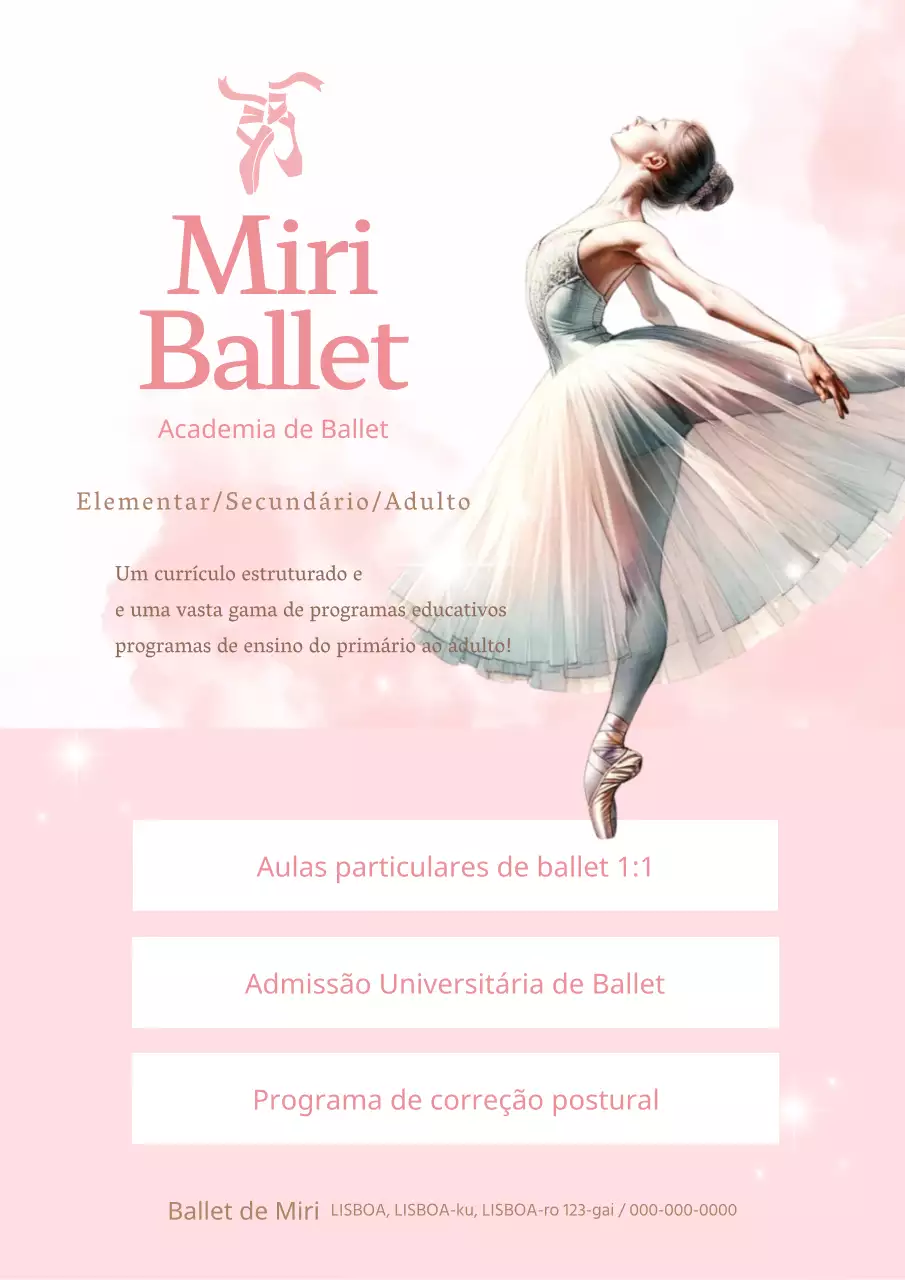 Um anúncio clássico de recrutamento de uma escola de ballet em cor-de-rosa e branco.