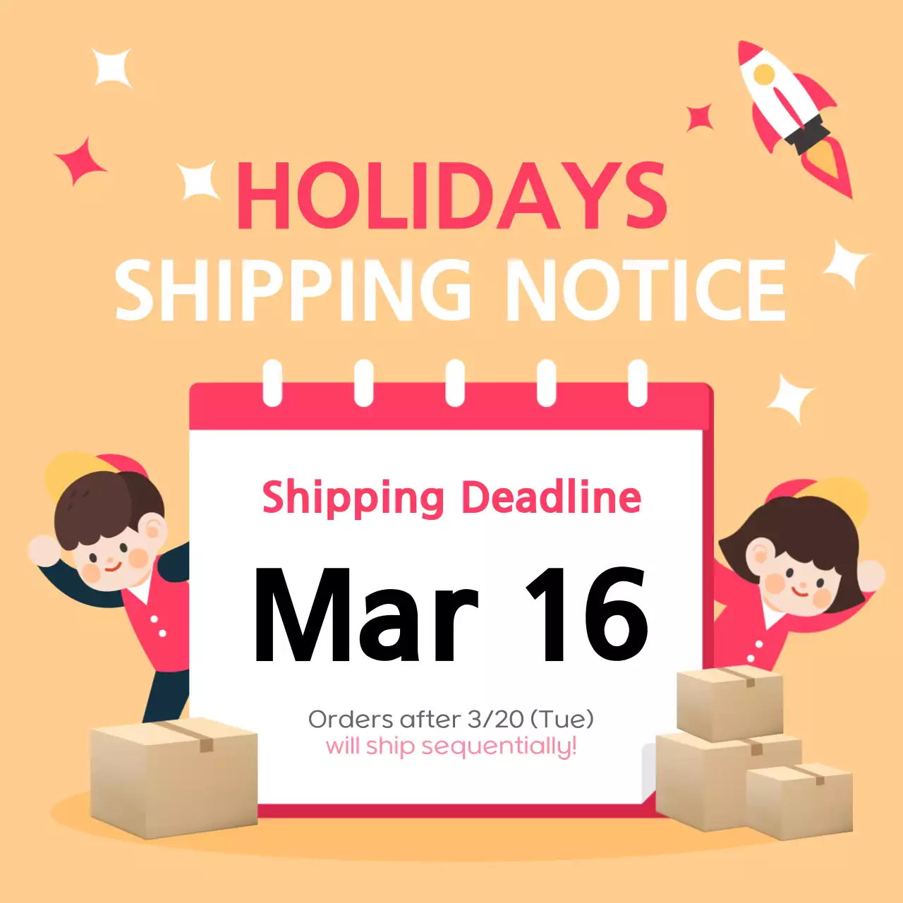 Holiday shipping announcements in bright yellow and hot pink
