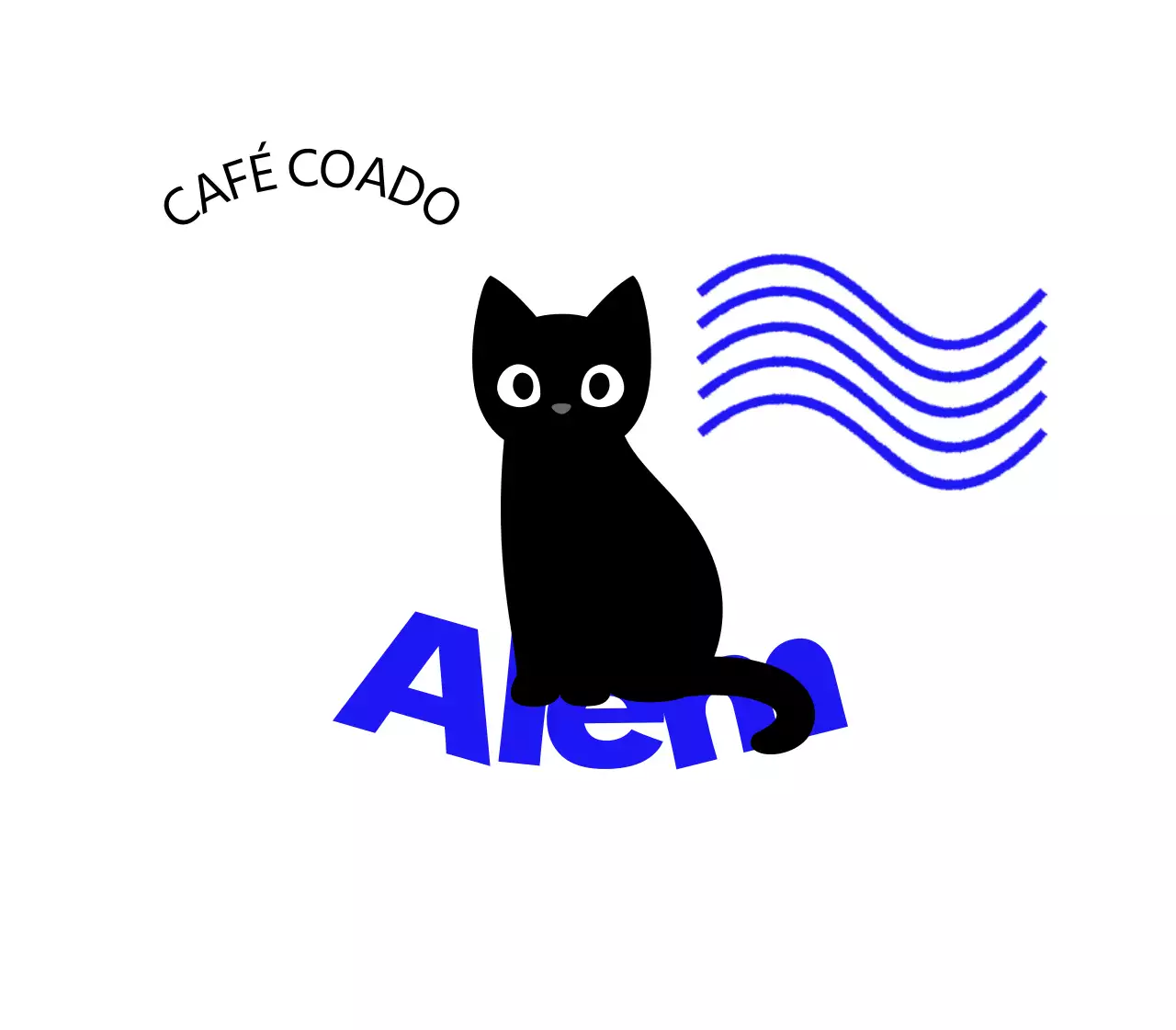 Produtos de cafetaria com gatos giros, texto azul e ondas