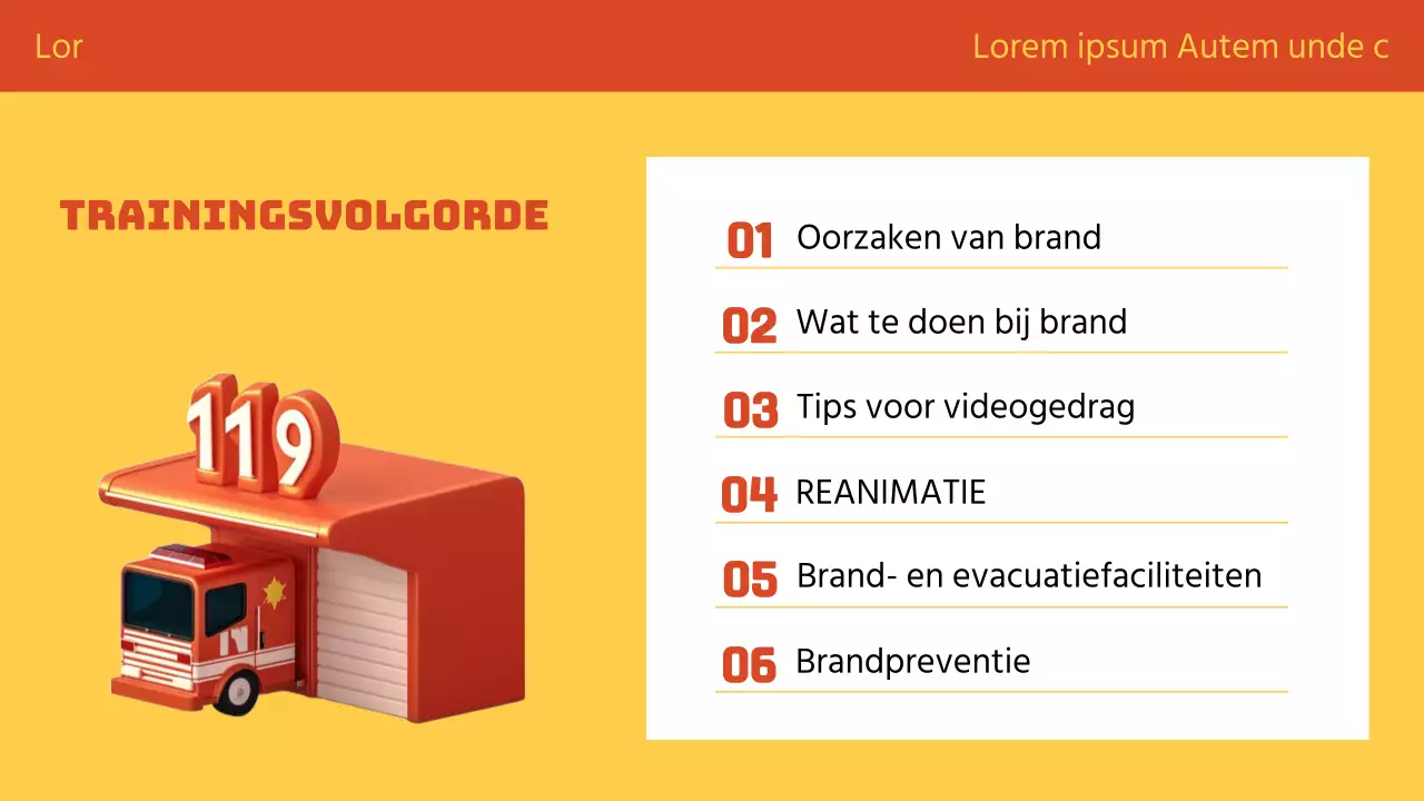 Oranje en geel legt brandveiligheidstraining op een leuke manier uit