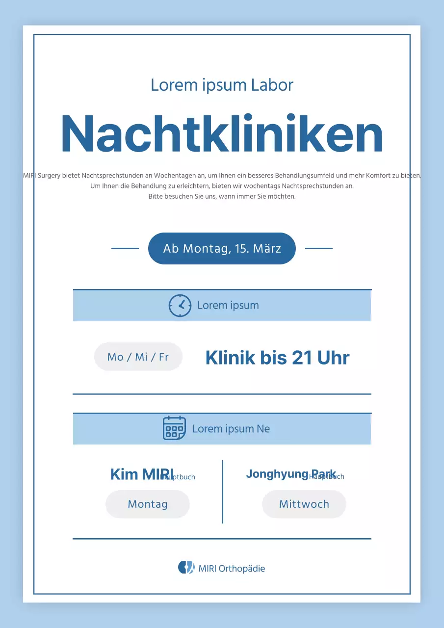 Einfache blaue und hellblaue Informationen über den Bereitschaftsdienst von Krankenhäusern