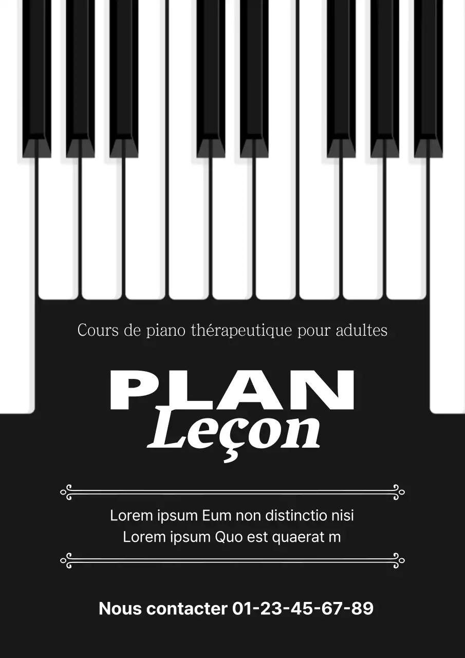 Un simple pitch de recrutement en noir et blanc pour les étudiants en piano