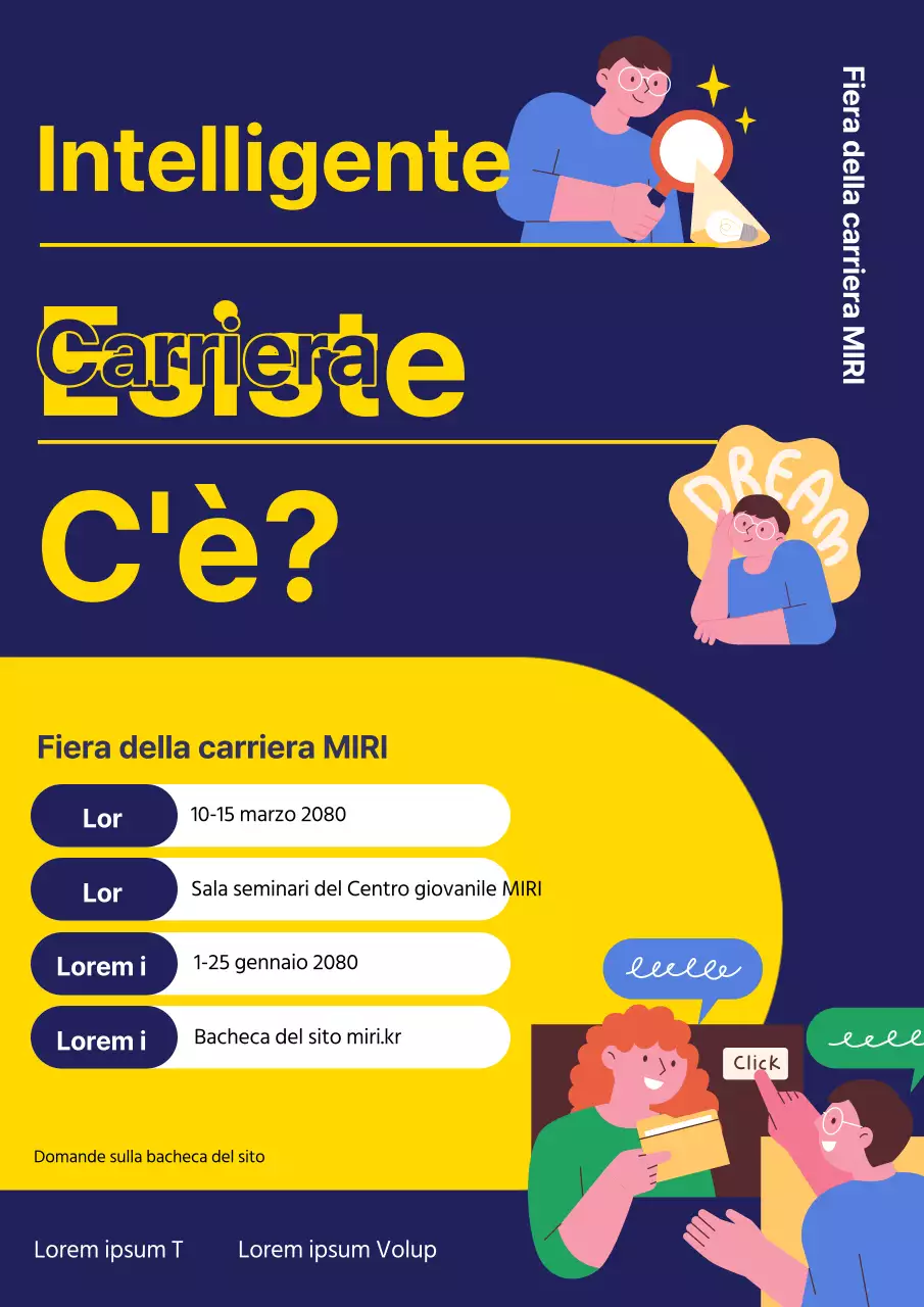 Promuovere un semplice seminario di esplorazione della carriera in blu navy e giallo.