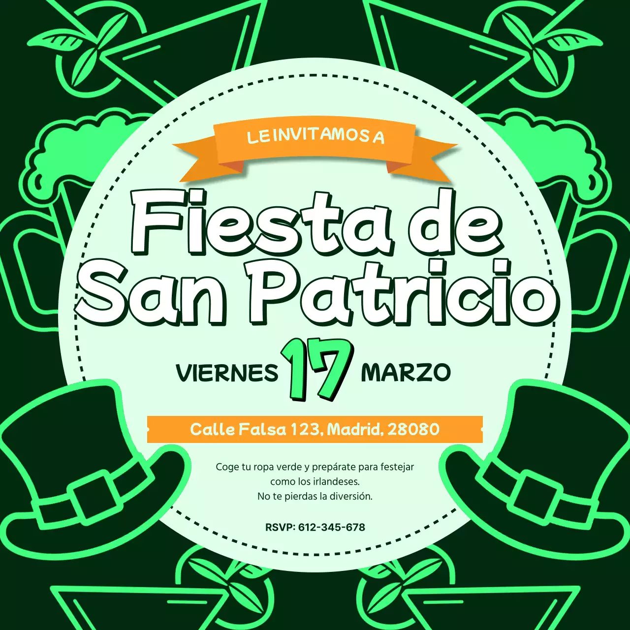 Invitación de moda verde y negra para la fiesta de San Patricio