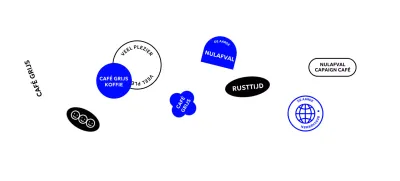 Eenvoudig café met blauw-zwarte vormen en tekst