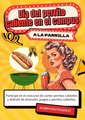 Anuncio amarillo y rojo del Día del Perrito Caliente en el Campus Retro