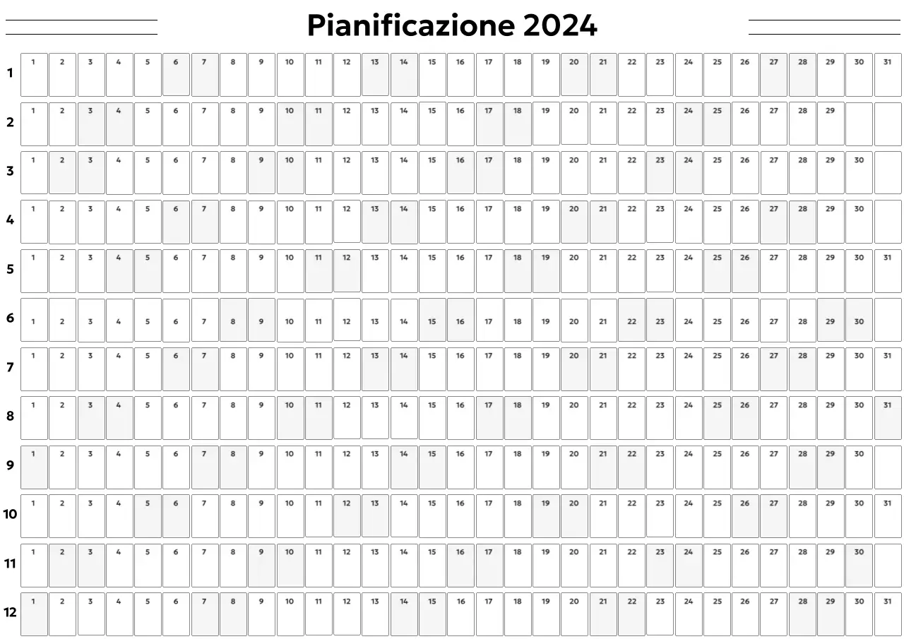 Un semplice calendario annuale in un font gotico con riquadri arrotondati.