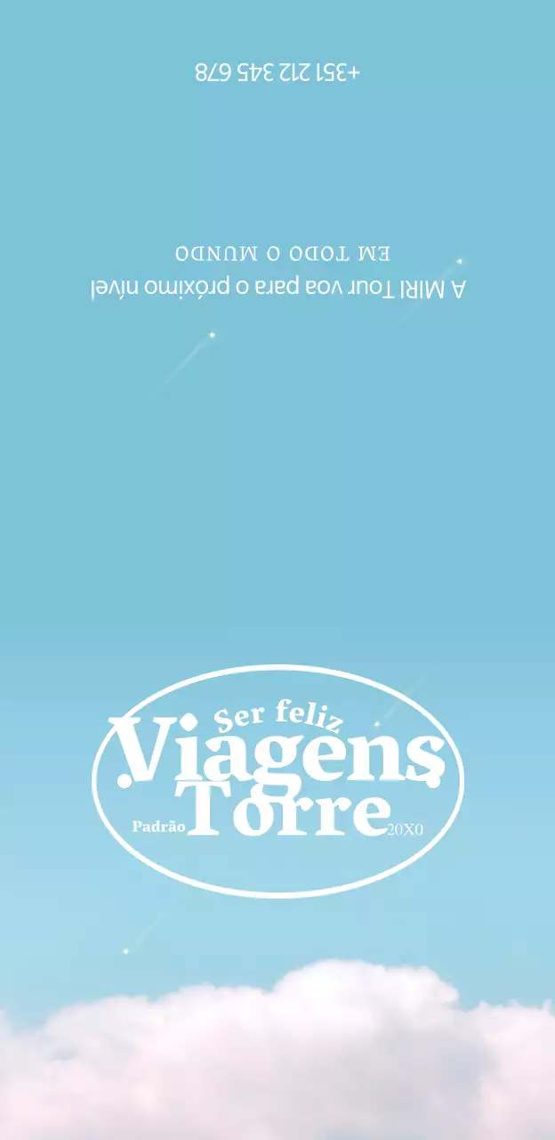 Mercadoria de agência de viagens com nuvens e fundo azul claro com estrelas e tipos de letra serifados