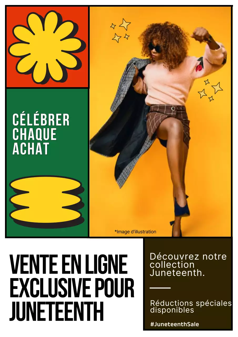 Publicité pour une vente de juin jaune et rouge à la mode