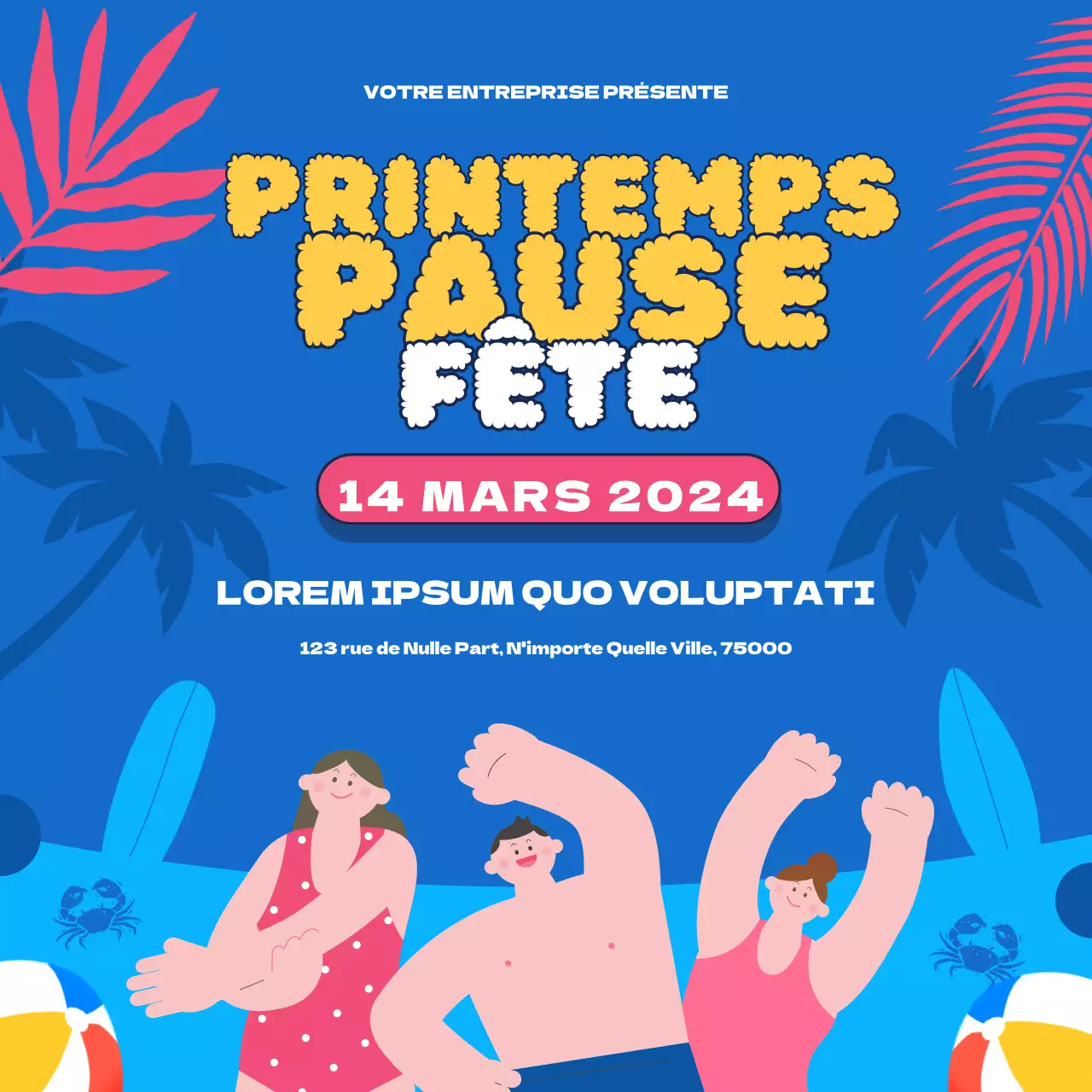 Invitation à une fête de vacances de printemps tropicale bleue et rose