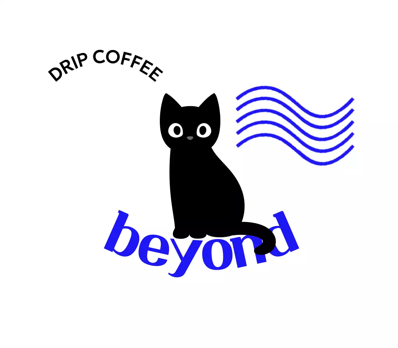 Merchandise kafe dengan kucing lucu dan tulisan biru serta ombak