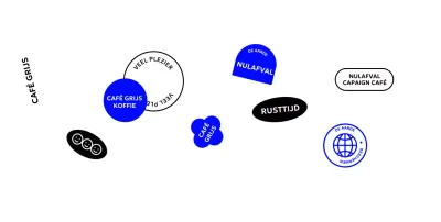 Eenvoudig café met blauw-zwarte vormen en tekst