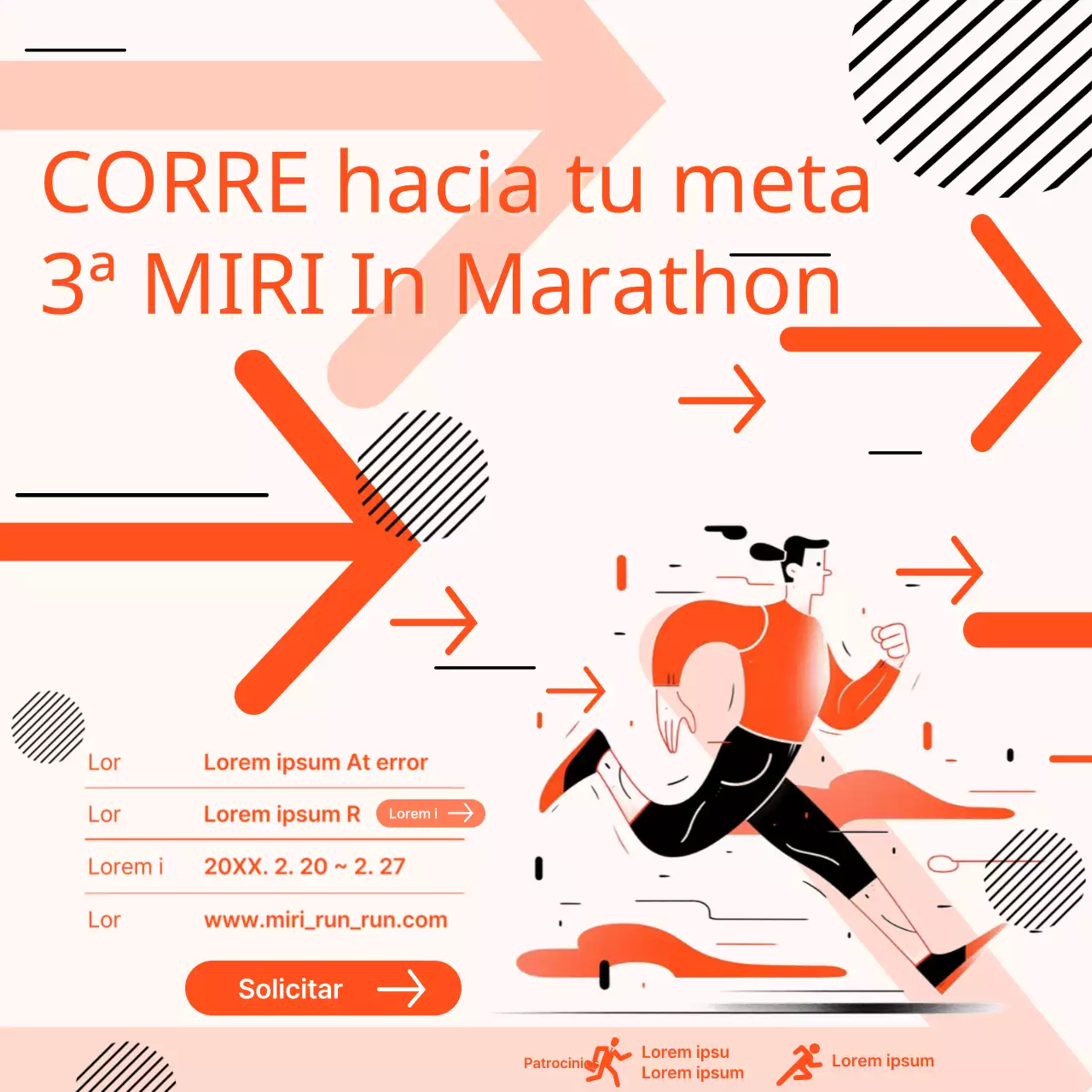 Promover un maratón geométrico naranja y negro de la empresa