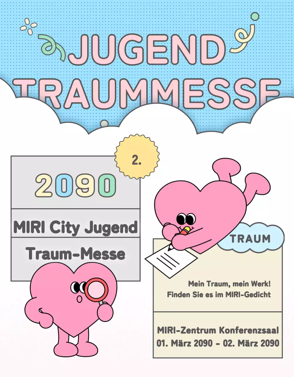 Werbung für eine hübsche Karrieremesse in Rosa und Hellblau