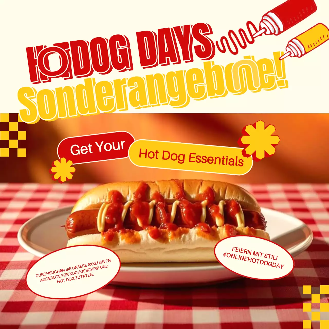 Werben Sie für einen rot-gelben Retro-Hotdog-Verkaufstag