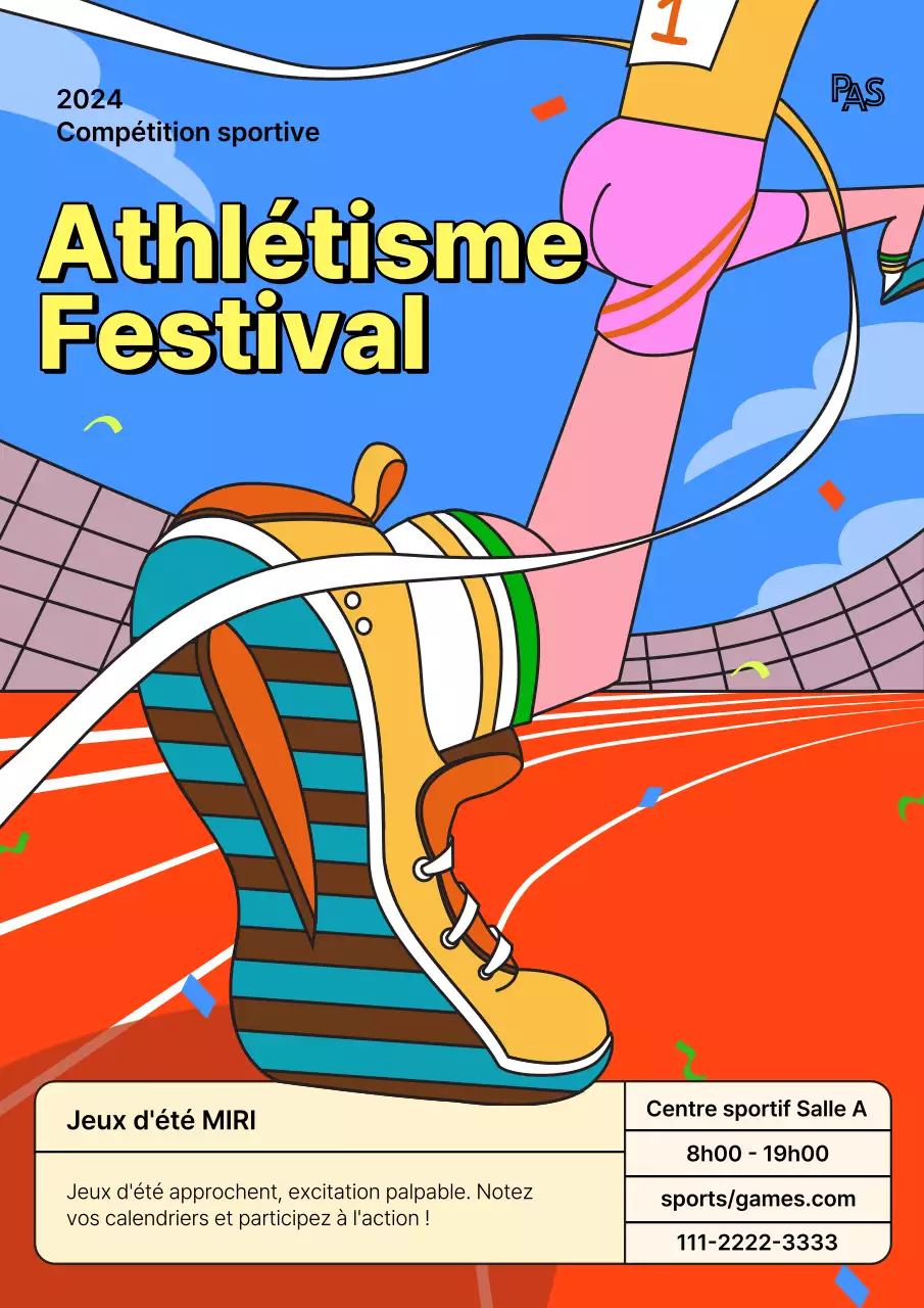 Promouvoir InterHigh, une compétition nationale d'athlétisme pour les lycées pop, avec une illustration orange et bleue d'un coureur.