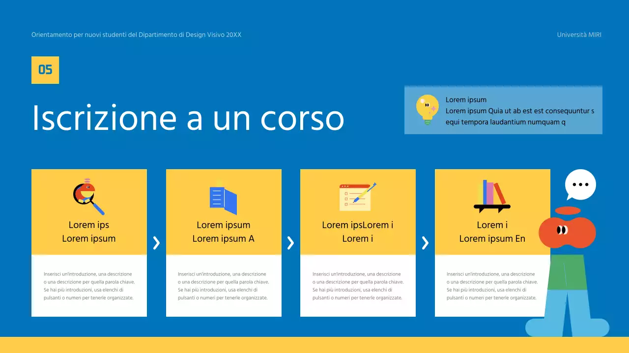 Materiale formativo giallo e blu per l'orientamento dei nuovi studenti dell'università