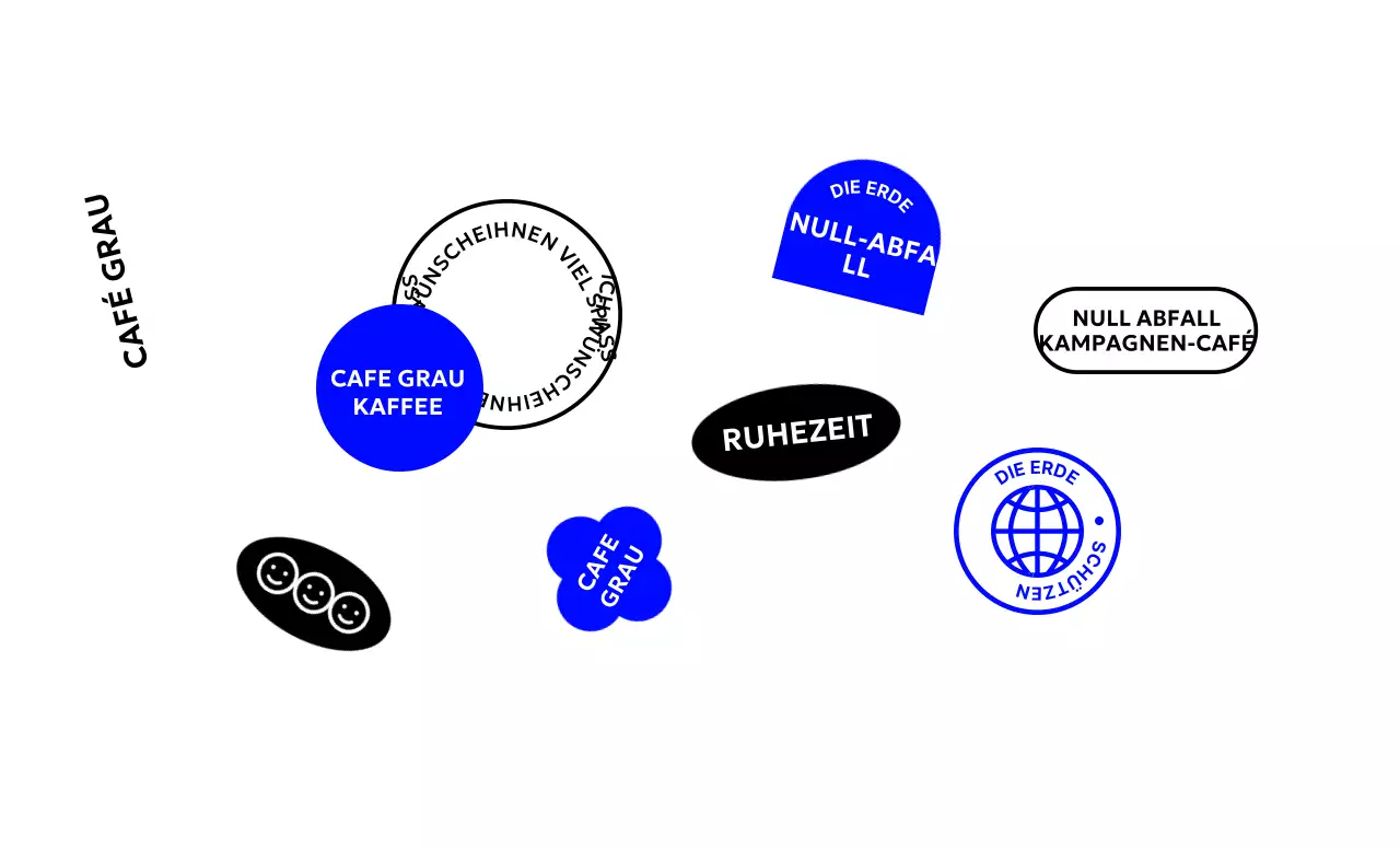 Einfaches Café mit blau-schwarzen Formen und Text