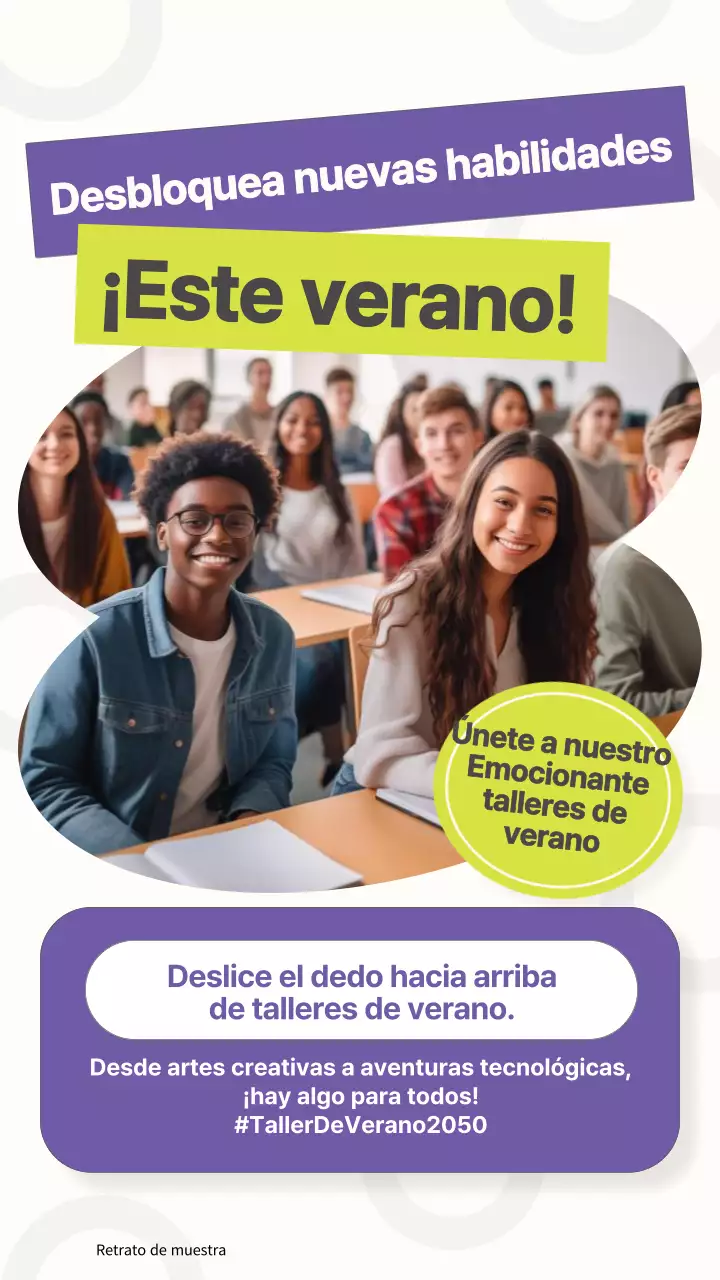 Invitaciones de moda para talleres de verano en morado y lima