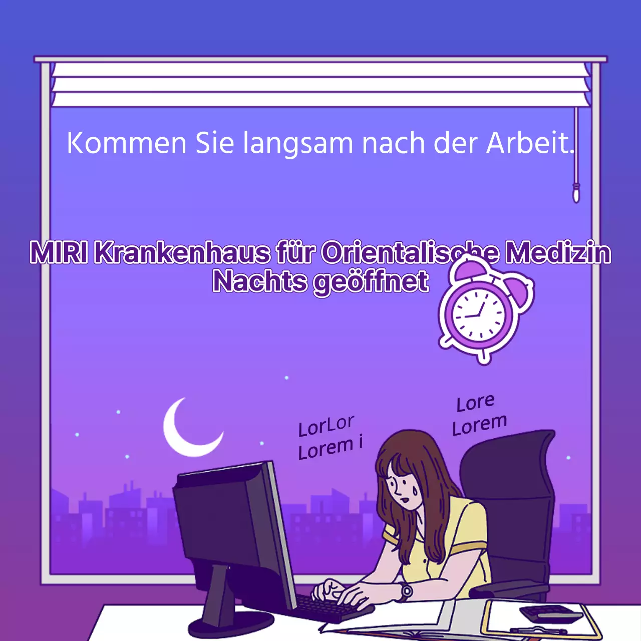 Lustige lila-gelbe Ankündigung der nächtlichen Schließung eines Krankenhauses