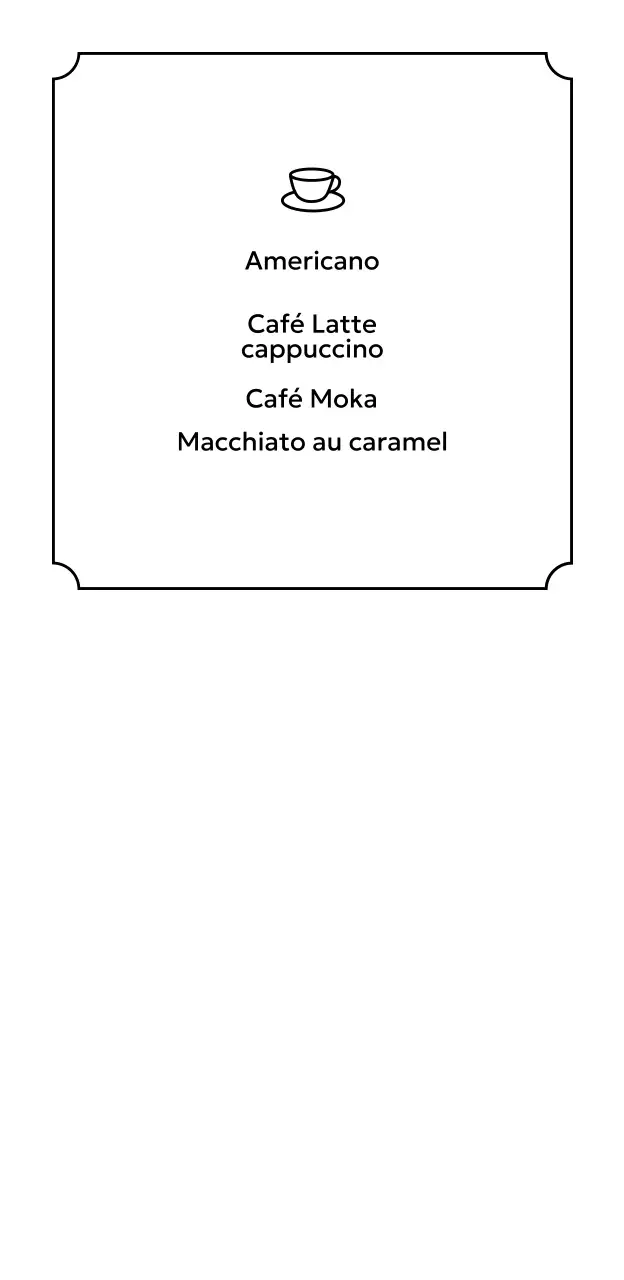 Un café-livre simple sur fond noir avec des bordures blanches et des illustrations de cafés et de livres.