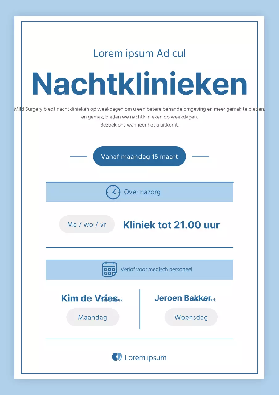 Eenvoudige blauwe en lichtblauwe ziekenhuisinformatie na sluitingstijd