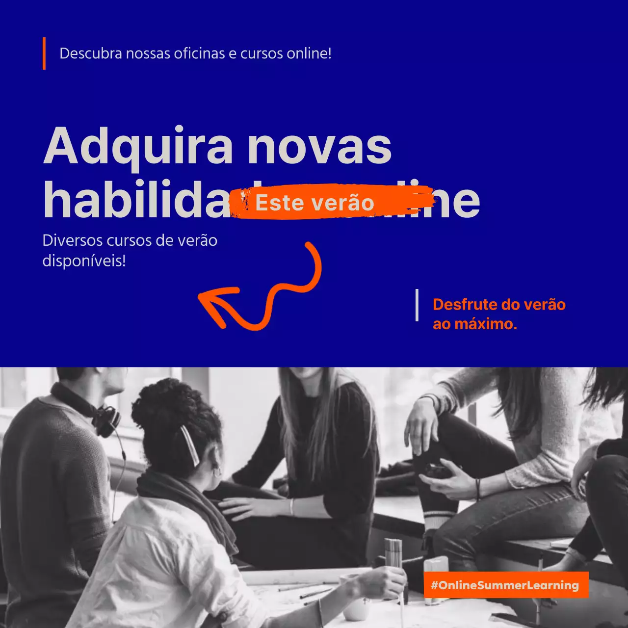 Azul e laranja Promoção da oficina online na moda