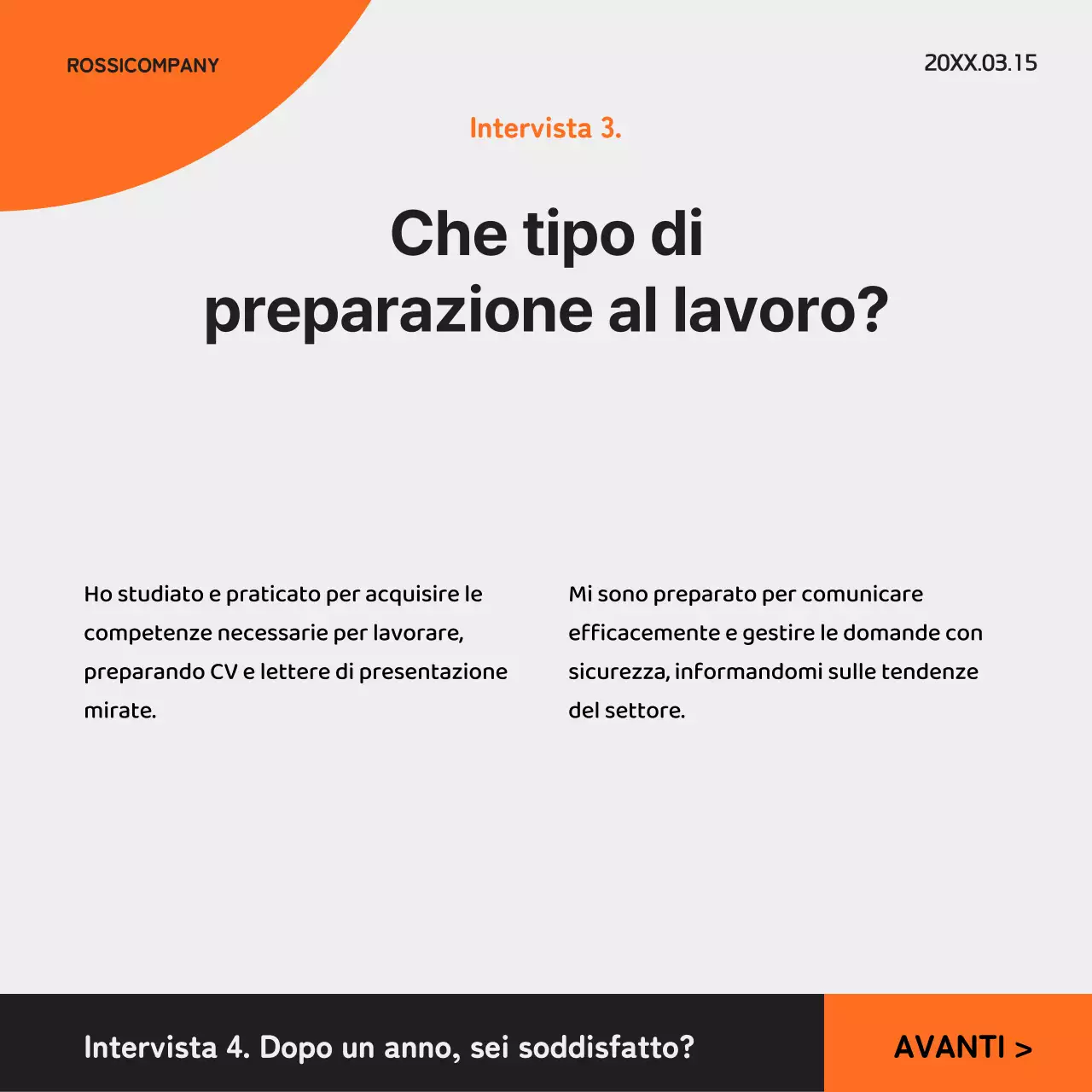 Un semplice post di intervista per neoassunti in nero e arancione