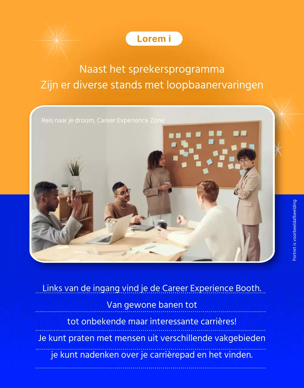 Een op blauw en oranje sci-fi geïnspireerde carrièrebeurs promoten